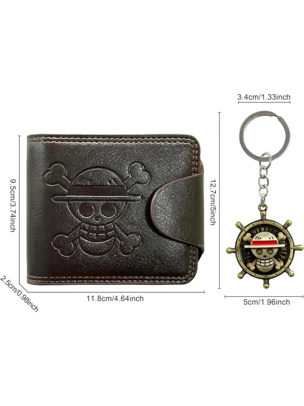 One Piece Luffy Skull Bifold Wallet w/ Straw Hat Pirate Keychain Brown Anime